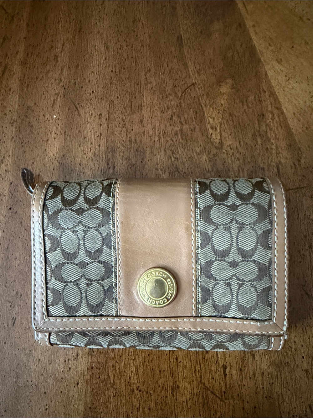 Coach Brown Signature Canvas Wallet with Tan Leather and Gold Button